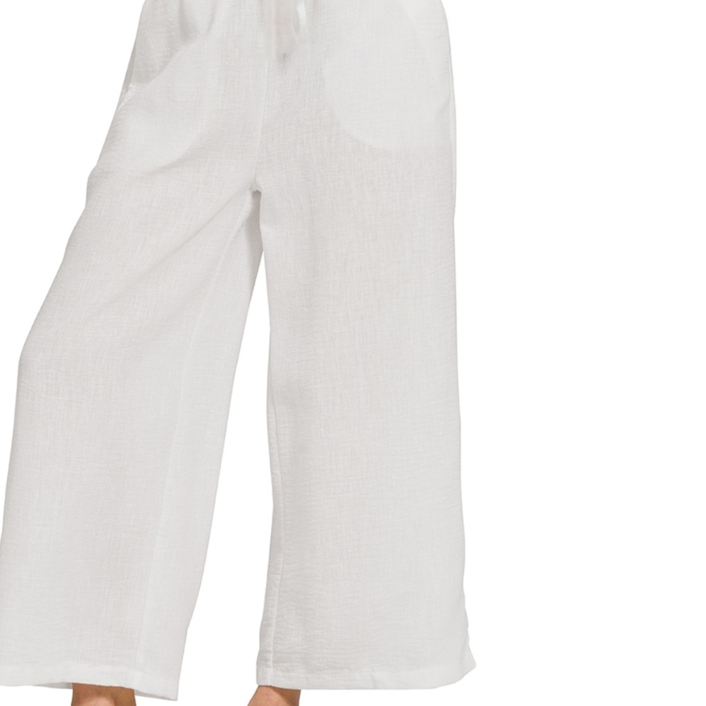 102 NWT Zenana White Woven Crepe Elastic Band Wide-Leg Pants Pockets Sm Md Lg XL - Picture 2 of 9